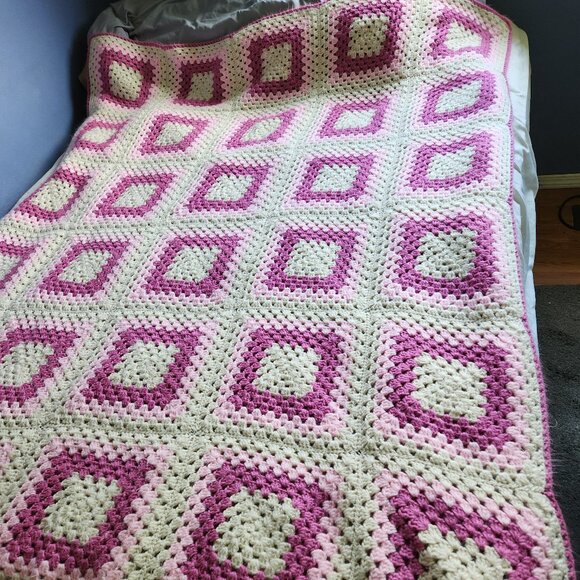 Other - Granny Blanket Crochet Pink White Squares Color Hand Made 70 in x 58 in FastShip